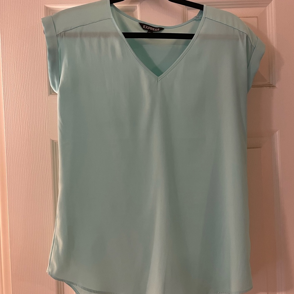 Express Women's mint green V-Neck Top (satin feel)